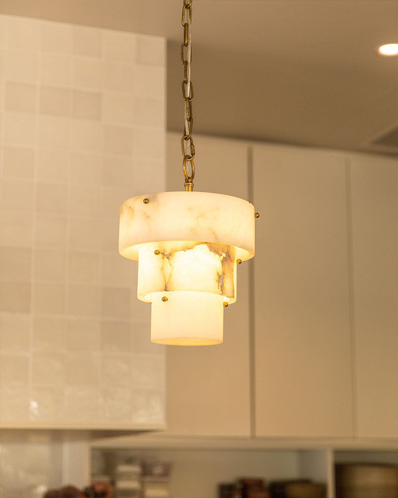 3 Tier White Round Alabaster Chain Pendant Light Fitting in Brass 10in