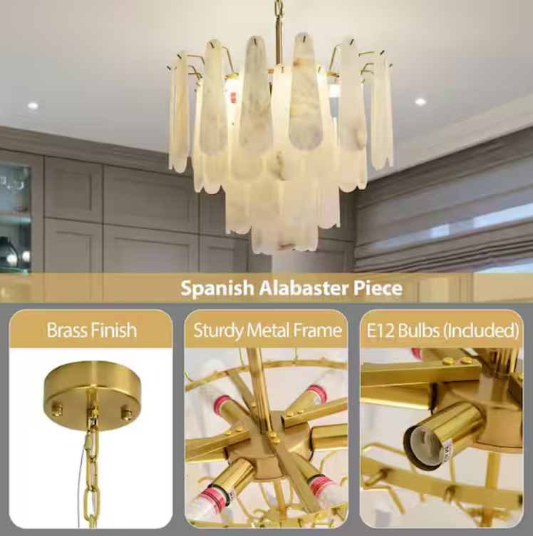 21.6 in. 6-Light Modern Round Alabaster Kitchen Island Chandelier, 4-Tier Luxury Large White Chandelier for Bedroom