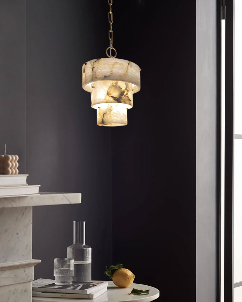 3 Tier White Round Alabaster Chain Pendant Light Fitting in Brass 10in