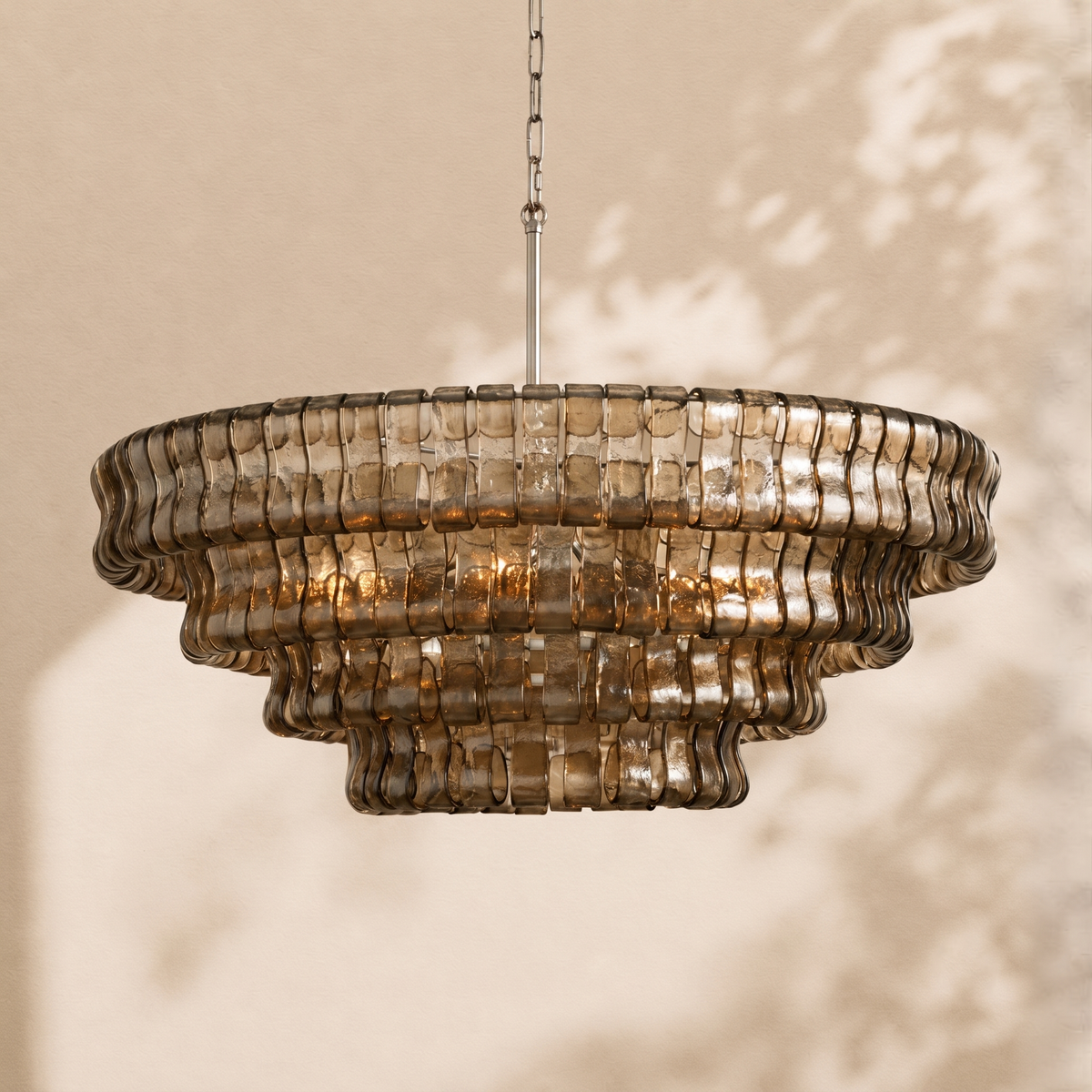 Amor 4-Tier Ghiaccio Glass Round Chandelier 36’’ - Brass / Smoke