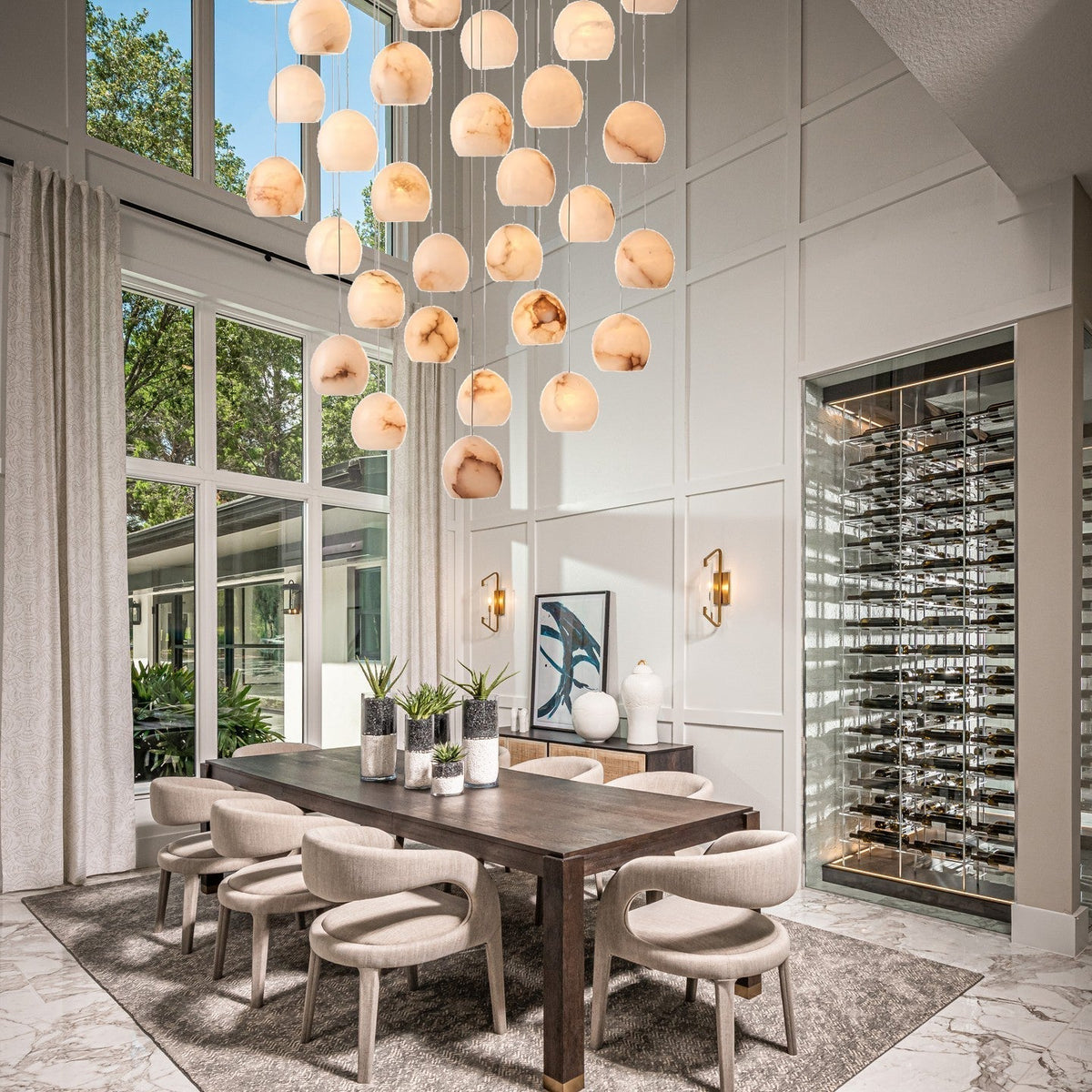 Arica Round Gold Chandelier with Natural Alabaster Stone Shades, Chandelier for High Ceiling - briglamps
