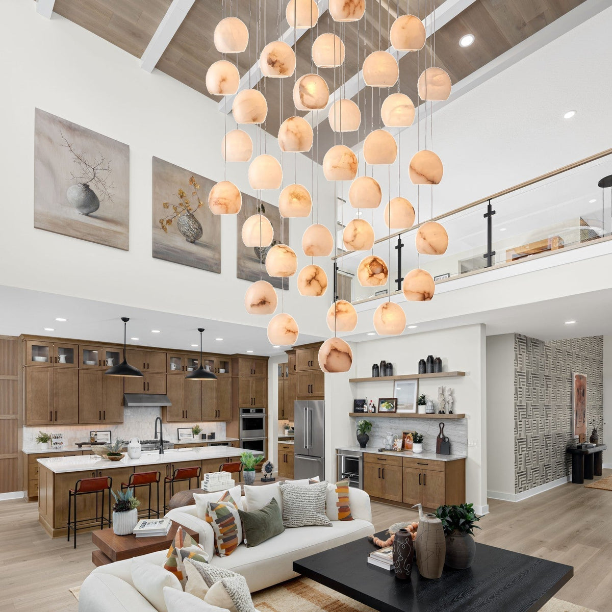 Arica Round Gold Chandelier with Natural Alabaster Stone Shades, Chandelier for High Ceiling - briglamps