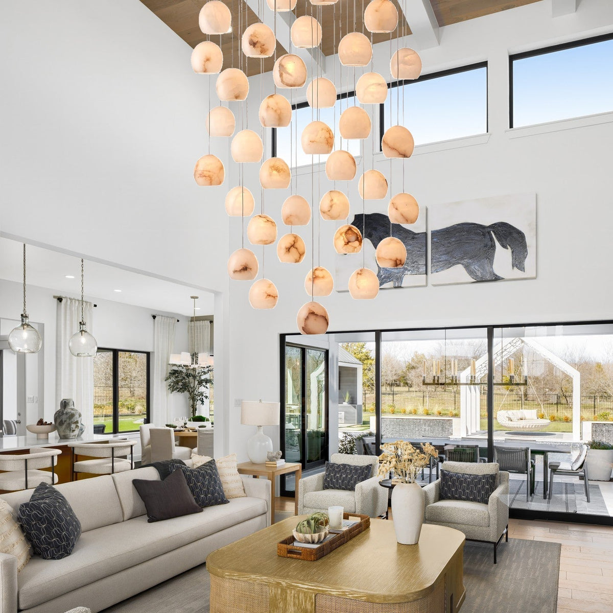 Arica Round Gold Chandelier with Natural Alabaster Stone Shades, Chandelier for High Ceiling - briglamps