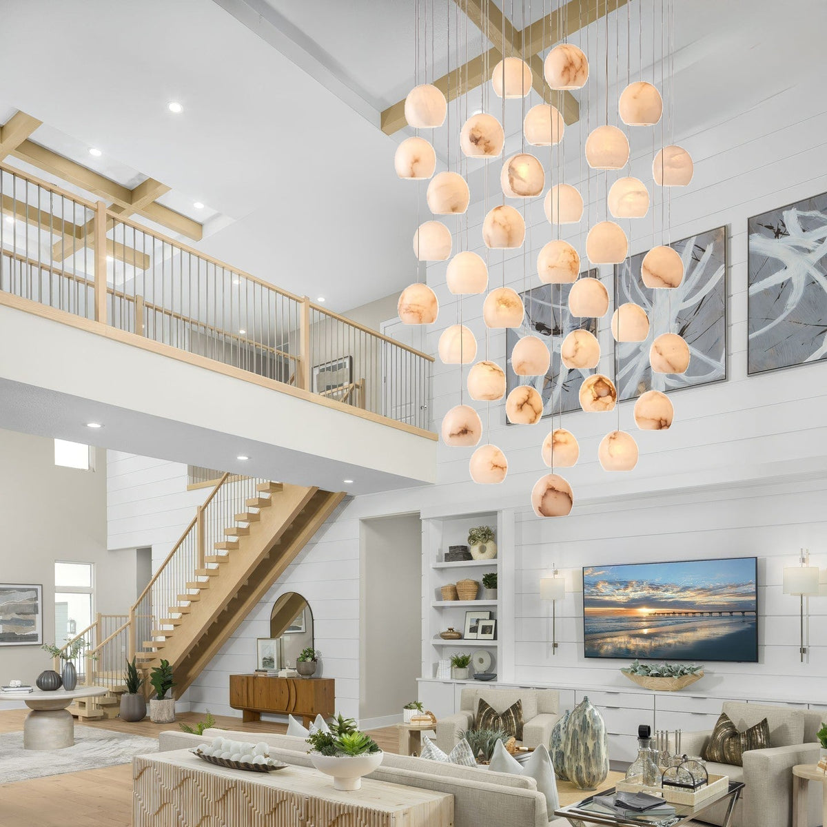Arica Round Gold Chandelier with Natural Alabaster Stone Shades, Chandelier for High Ceiling - briglamps