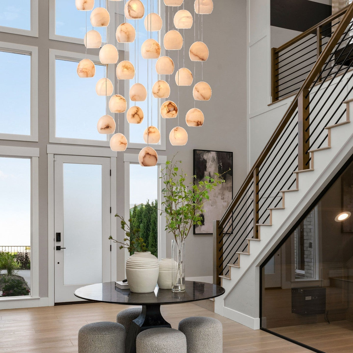 Arica Round Gold Chandelier with Natural Alabaster Stone Shades, Chandelier for High Ceiling - briglamps