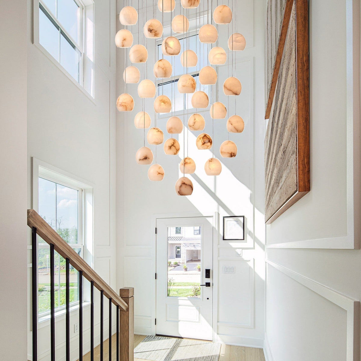 Arica Round Gold Chandelier with Natural Alabaster Stone Shades, Chandelier for High Ceiling - briglamps