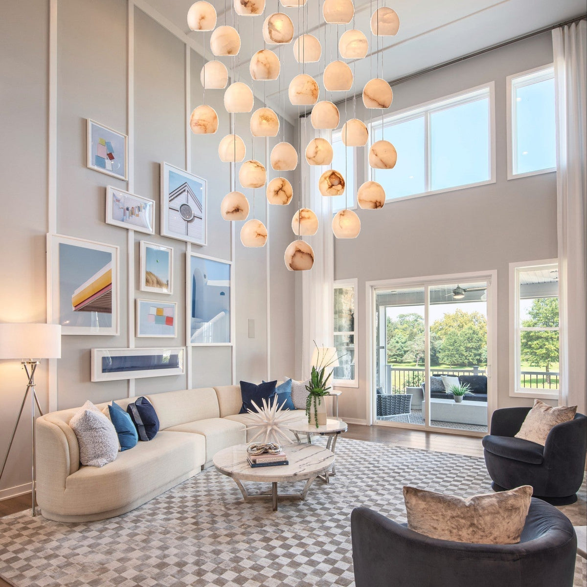 Arica Round Gold Chandelier with Natural Alabaster Stone Shades, Chandelier for High Ceiling - briglamps