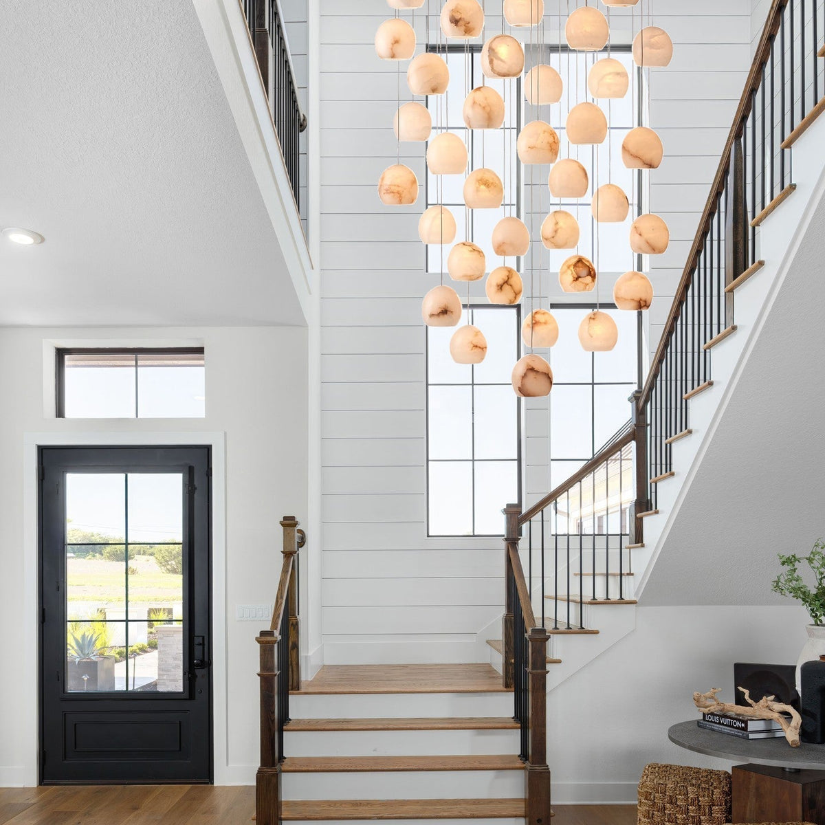 Arica Round Gold Chandelier with Natural Alabaster Stone Shades, Chandelier for High Ceiling - briglamps