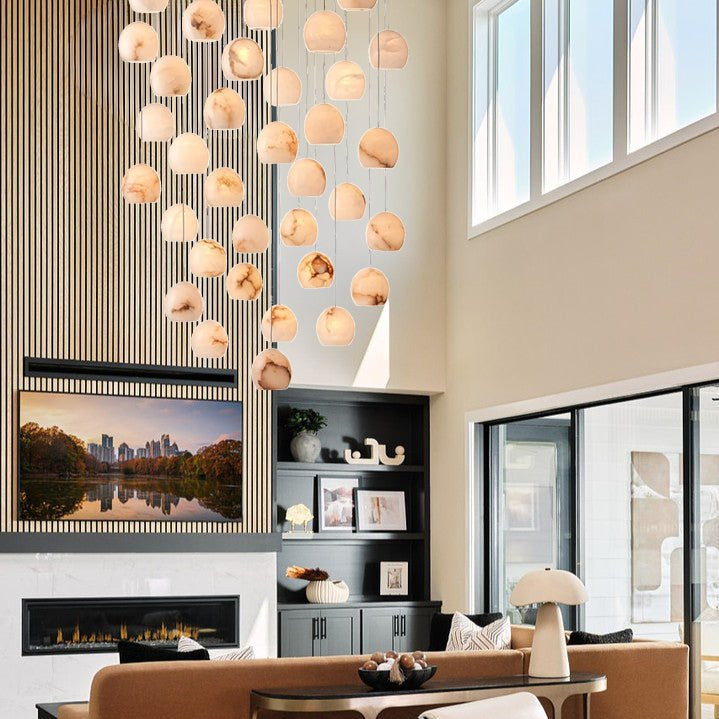 Arica Round Gold Chandelier with Natural Alabaster Stone Shades, Chandelier for High Ceiling - briglamps
