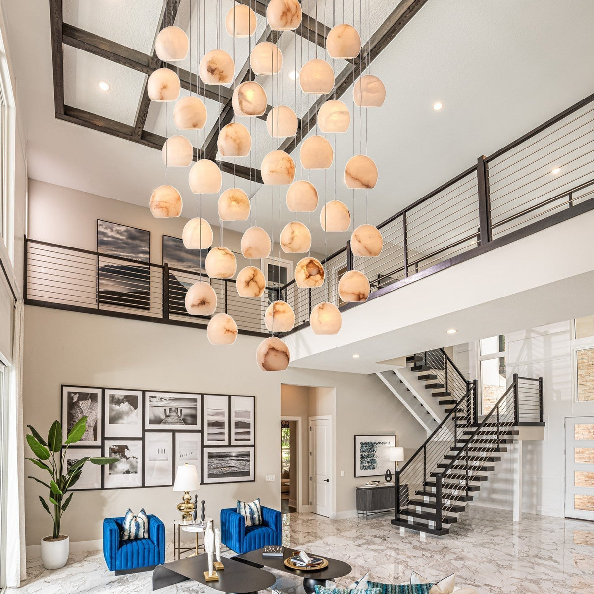 Arica Round Gold Chandelier with Natural Alabaster Stone Shades, Chandelier for High Ceiling - briglamps