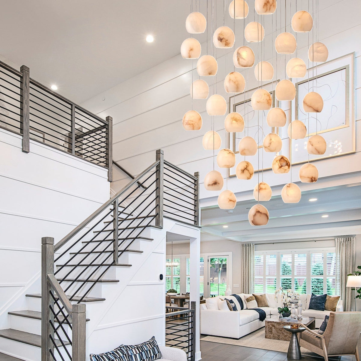 Arica Round Gold Chandelier with Natural Alabaster Stone Shades, Chandelier for High Ceiling - briglamps