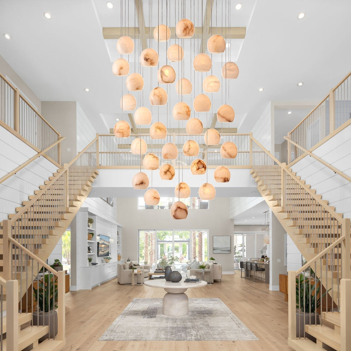 Arica Round Gold Chandelier with Natural Alabaster Stone Shades, Chandelier for High Ceiling - briglamps