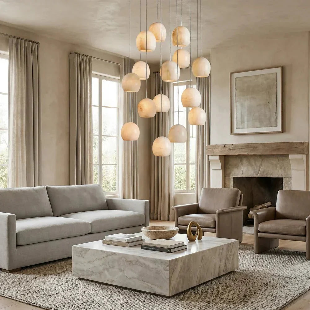 Arica Round Gold Chandelier with Natural Alabaster Stone Shades - briglamps