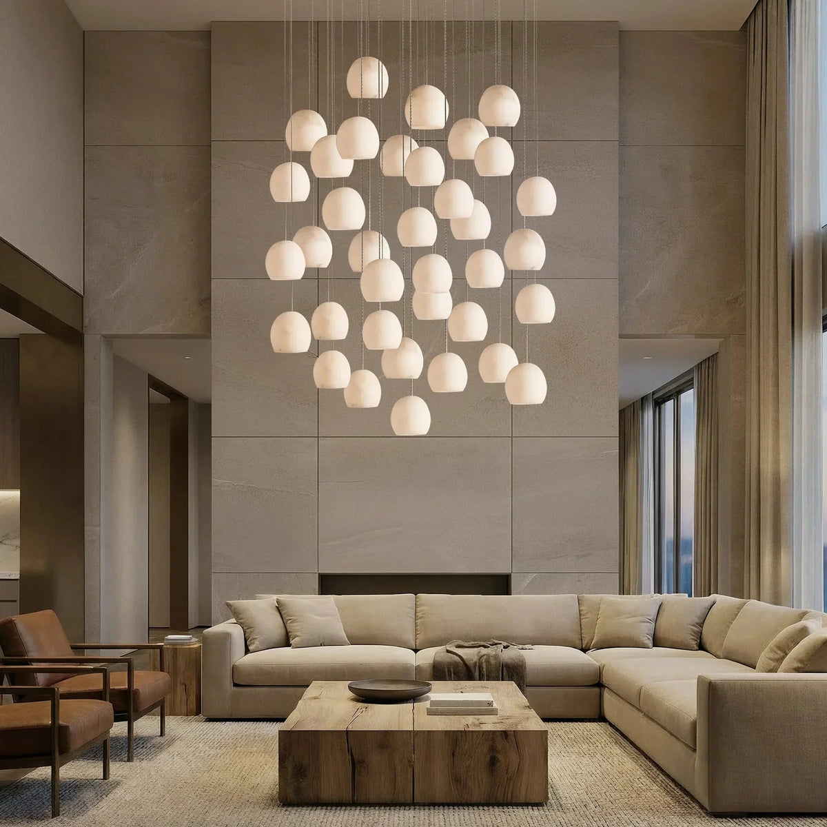 Arica Round Gold Chandelier with Natural Alabaster Stone Shades - briglamps