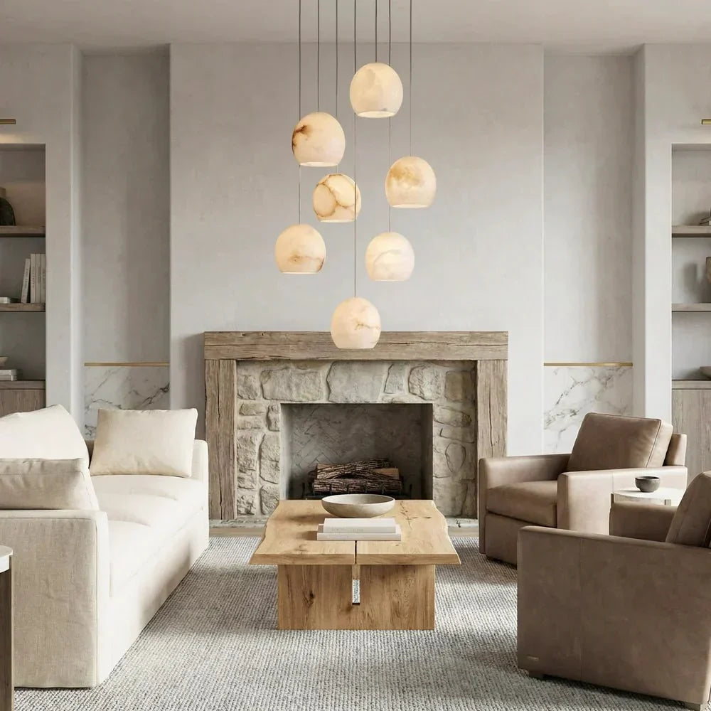 Arica Round Gold Chandelier with Natural Alabaster Stone Shades - briglamps