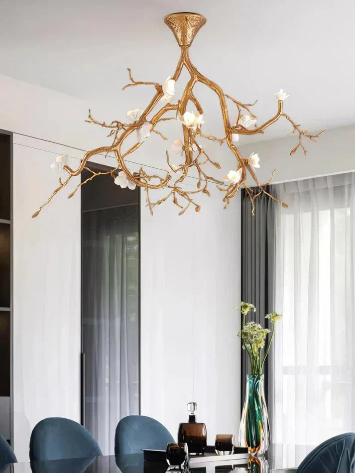 Aurelia Golden Branch & Porcelain Bloom Chandelier - Cyran Lamps