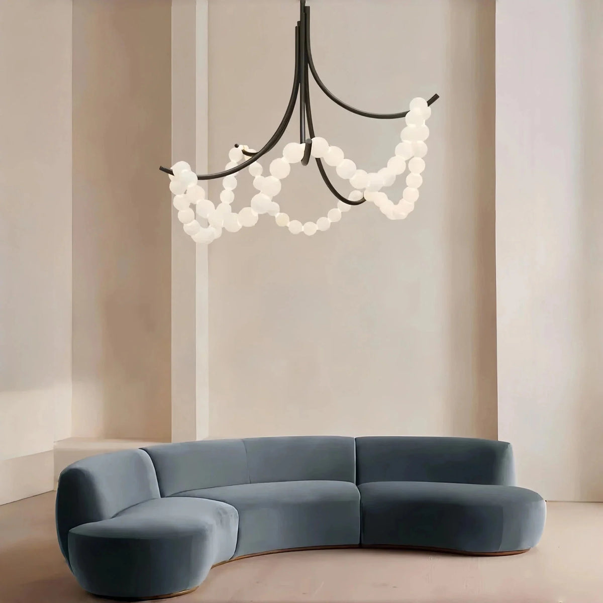 Cluster String Pearl Alabaster Chandelier in Brass & Black Metal Rod - Brig Lighting