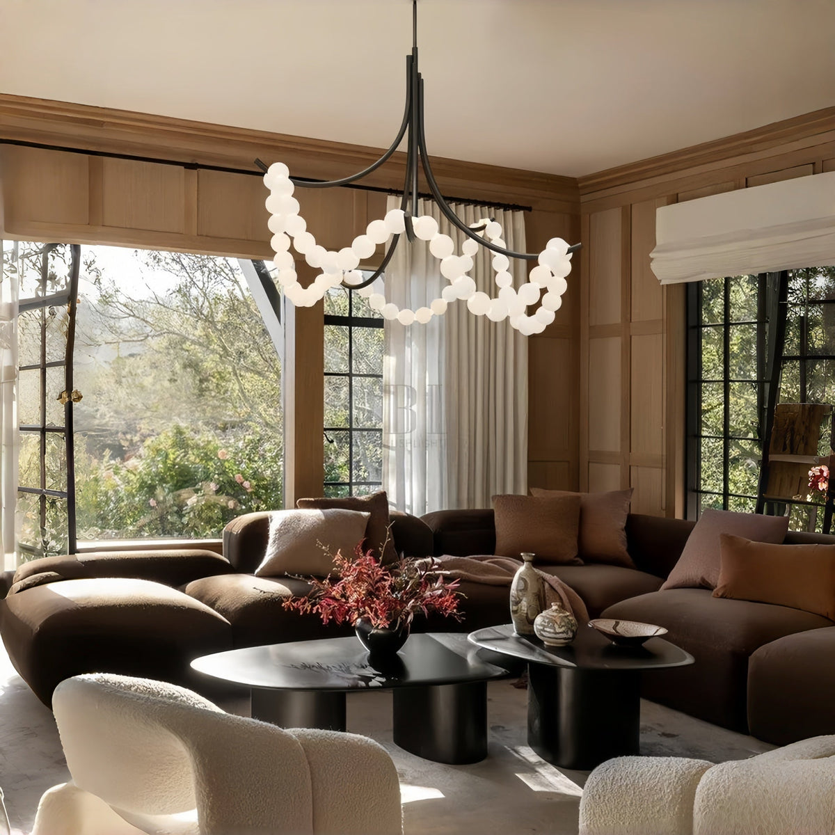 Cluster String Pearl Alabaster Chandelier in Brass & Black Metal Rod - Brig Lighting