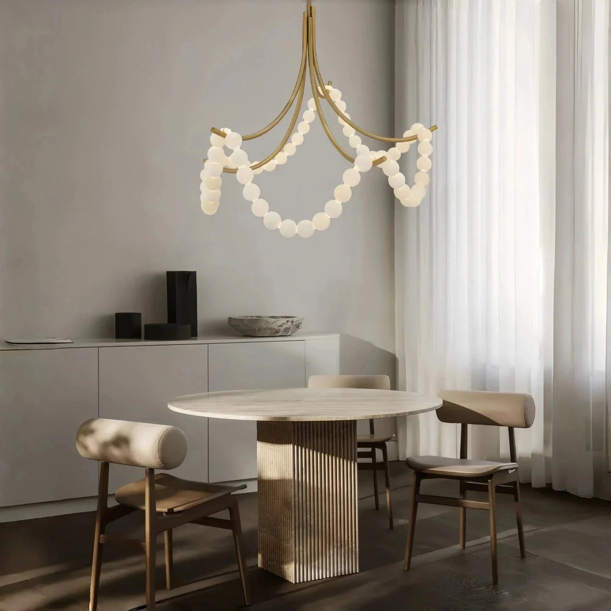 Cluster String Pearl Alabaster Chandelier in Brass & Black Metal Rod - Brig Lighting