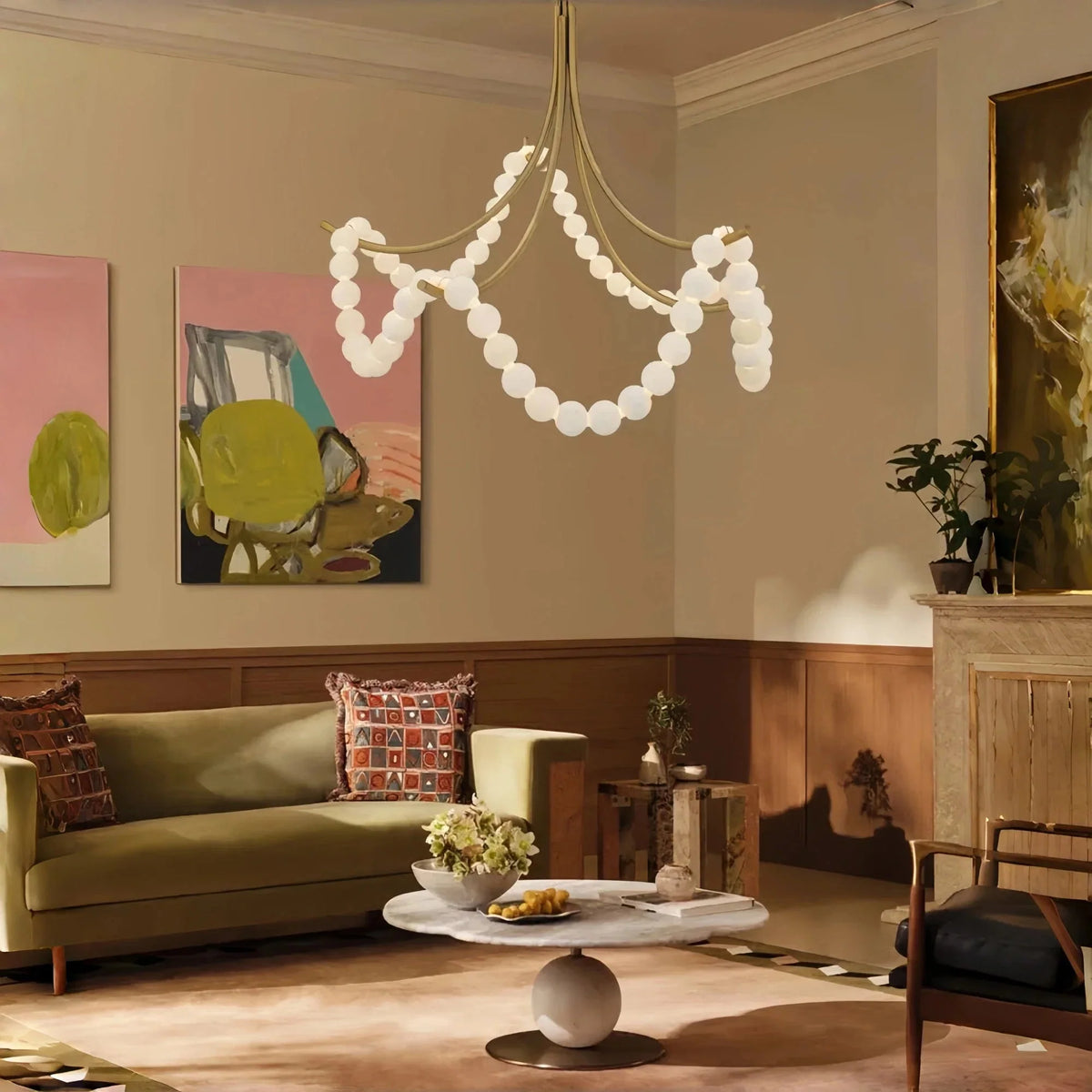 Cluster String Pearl Alabaster Chandelier in Brass & Black Metal Rod - Brig Lighting