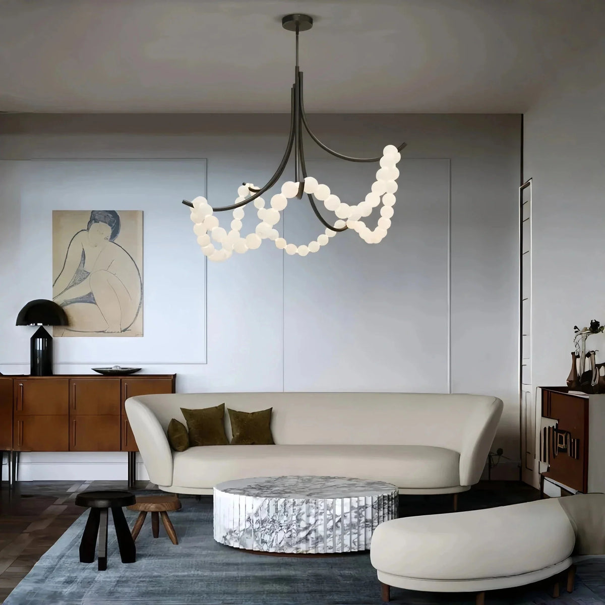 Cluster String Pearl Alabaster Chandelier in Brass & Black Metal Rod - Brig Lighting