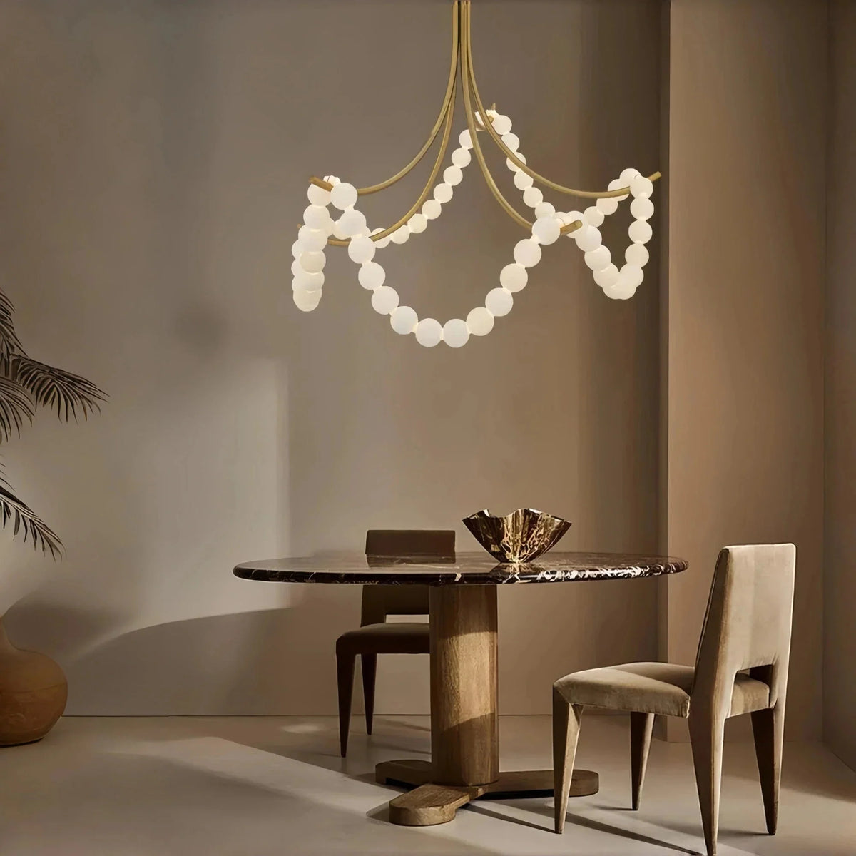 Cluster String Pearl Alabaster Chandelier in Brass & Black Metal Rod - Brig Lighting