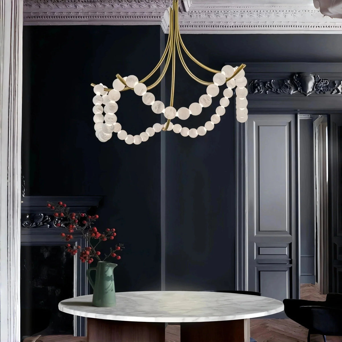 Cluster String Pearl Alabaster Chandelier in Brass & Black Metal Rod - Brig Lighting