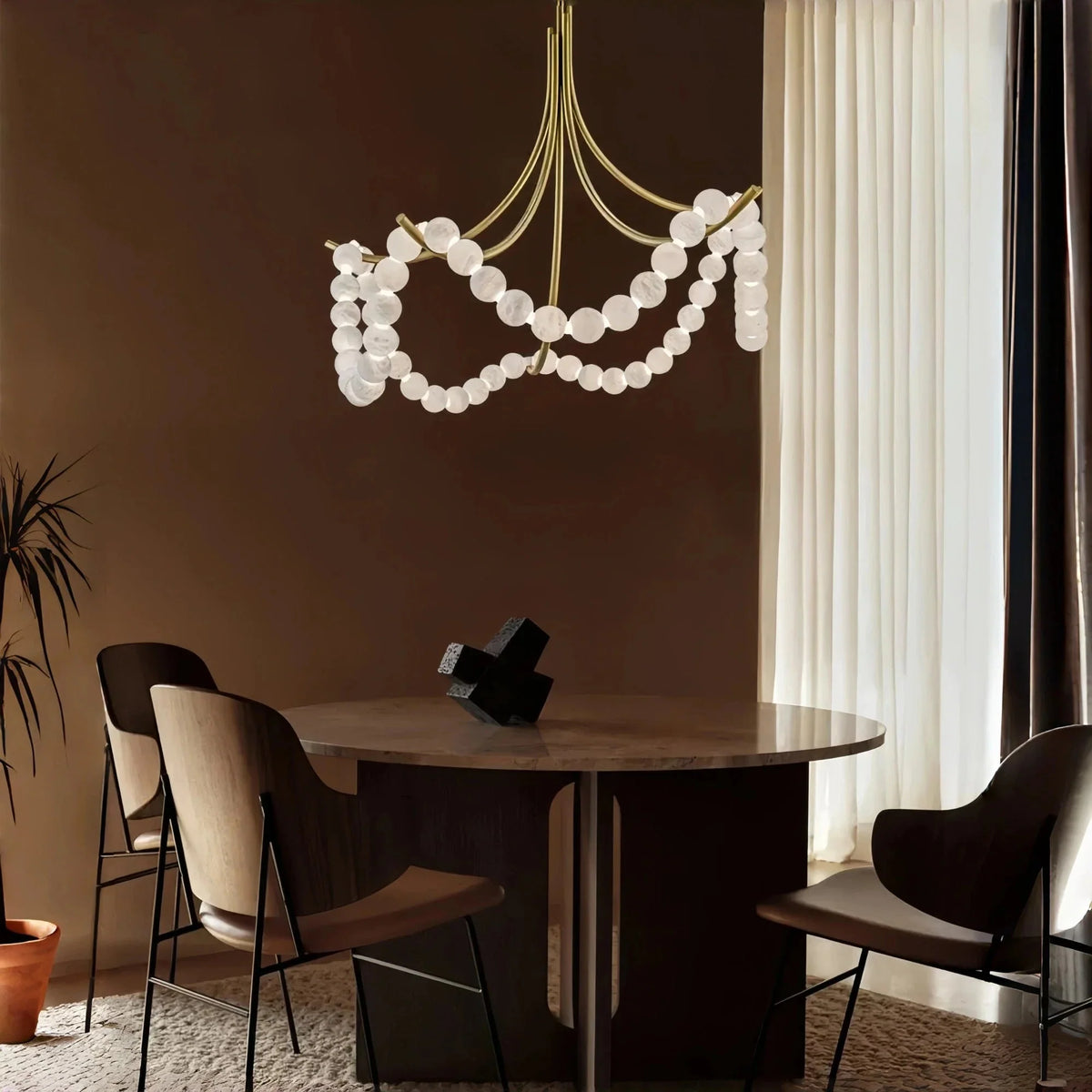 Cluster String Pearl Alabaster Chandelier in Brass & Black Metal Rod - Brig Lighting