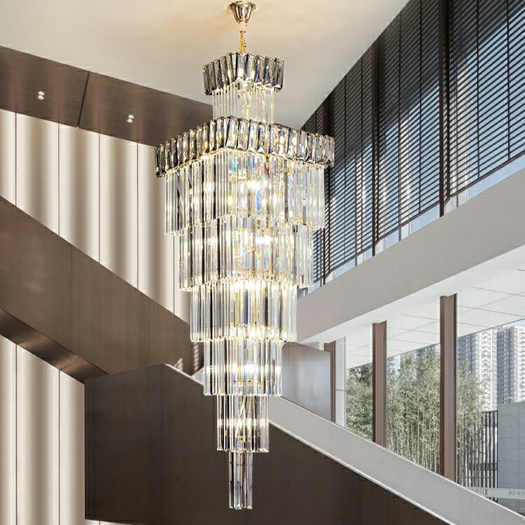 Decorative Large Vertical Crystal Staircase Chandelier Foyer Ceiling Light Fixture Lamp In Gray/ Amber Brim - briglamps