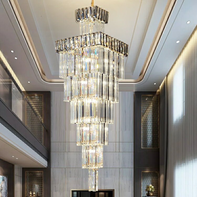 Decorative Large Vertical Crystal Staircase Chandelier Foyer Ceiling Light Fixture Lamp In Gray/ Amber Brim - briglamps