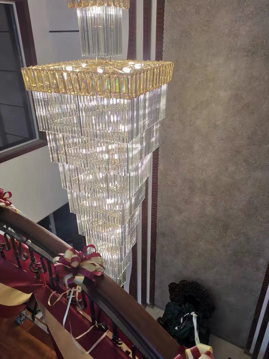 Decorative Large Vertical Crystal Staircase Chandelier Foyer Ceiling Light Fixture Lamp In Gray/ Amber Brim - briglamps