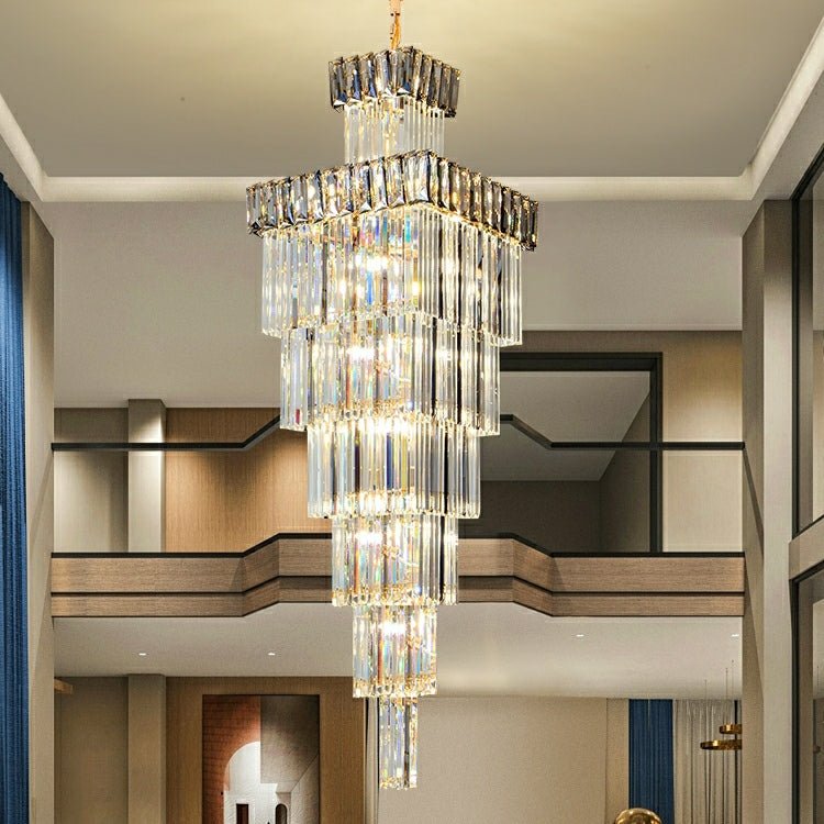 Decorative Large Vertical Crystal Staircase Chandelier Foyer Ceiling Light Fixture Lamp In Gray/ Amber Brim - briglamps