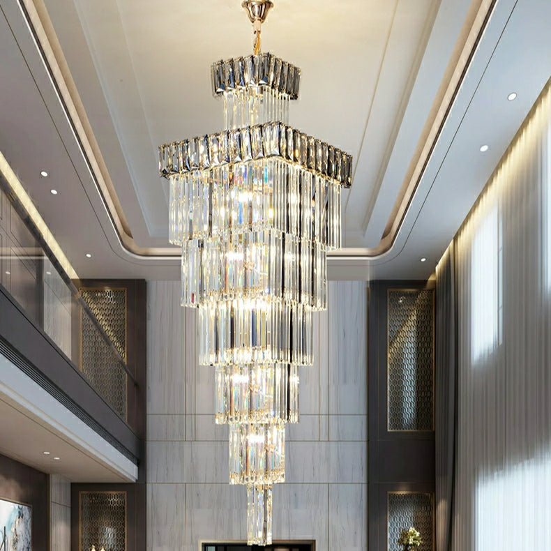 Decorative Large Vertical Crystal Staircase Chandelier Foyer Ceiling Light Fixture Lamp In Gray/ Amber Brim - briglamps