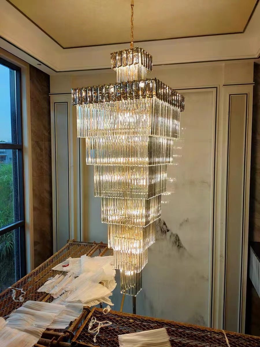 Decorative Large Vertical Crystal Staircase Chandelier Foyer Ceiling Light Fixture Lamp In Gray/ Amber Brim - briglamps