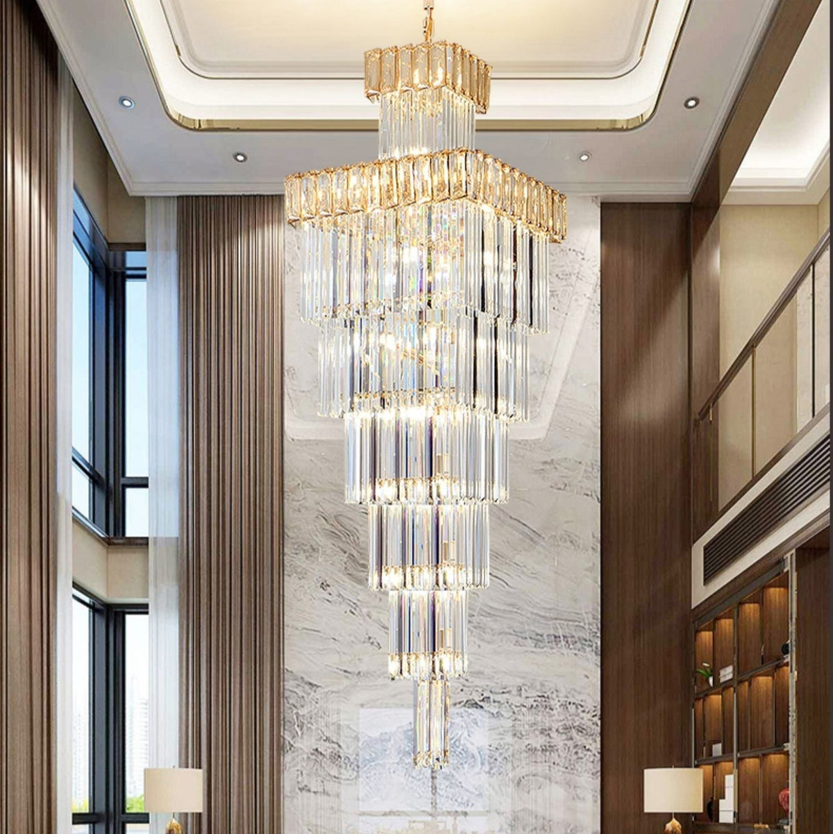 Decorative Large Vertical Crystal Staircase Chandelier Foyer Ceiling Light Fixture Lamp In Gray/ Amber Brim - briglamps