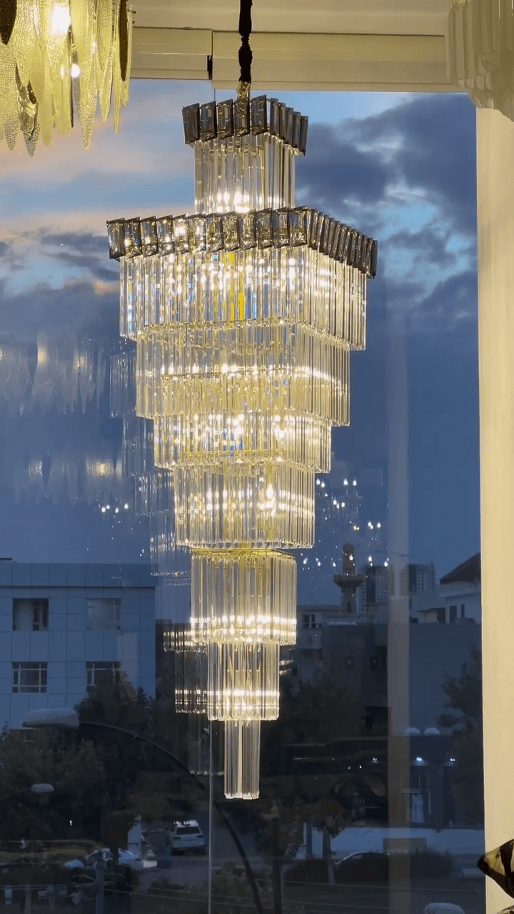 Decorative Large Vertical Crystal Staircase Chandelier Foyer Ceiling Light Fixture Lamp In Gray/ Amber Brim - briglamps