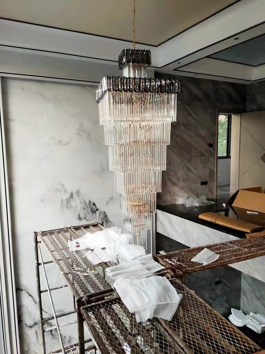 Decorative Large Vertical Crystal Staircase Chandelier Foyer Ceiling Light Fixture Lamp In Gray/ Amber Brim - briglamps
