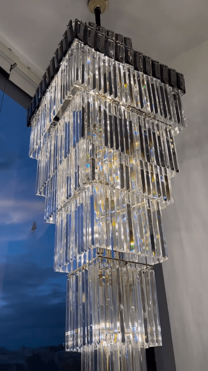 Decorative Large Vertical Crystal Staircase Chandelier Foyer Ceiling Light Fixture Lamp In Gray/ Amber Brim - briglamps