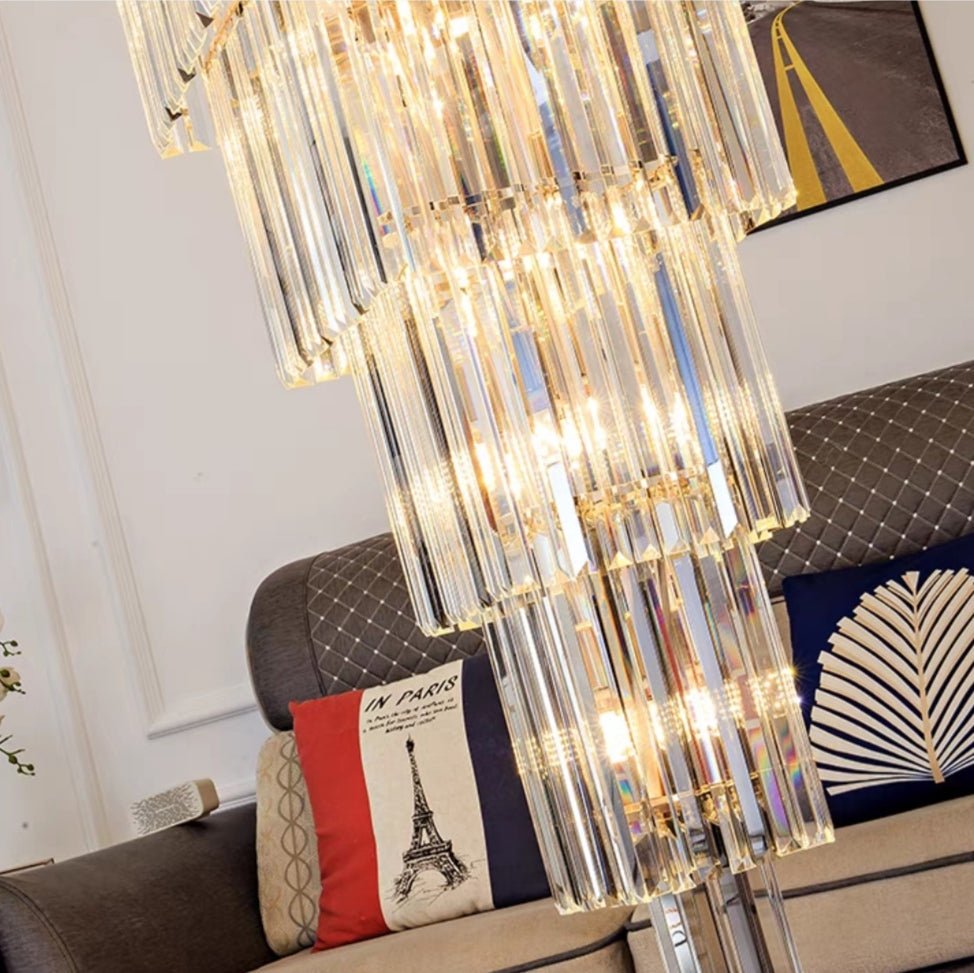 Decorative Large Vertical Crystal Staircase Chandelier Foyer Ceiling Light Fixture Lamp In Gray/ Amber Brim - briglamps