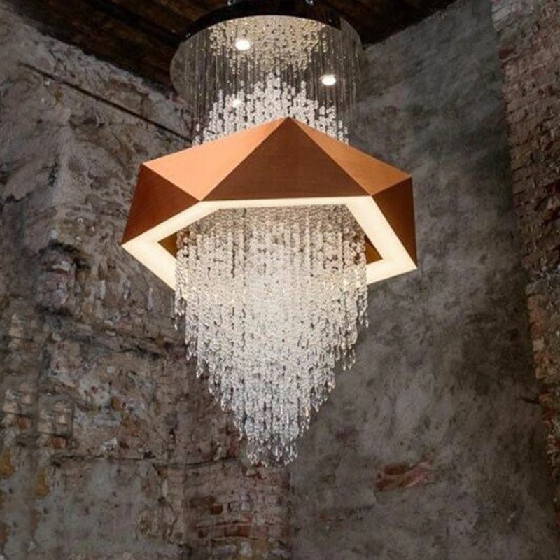 Duplex Living Room Crystal Pendant Chandelier Luxury Hotel Entryway Ceiling Light Fixture In Gold Finish - briglamps