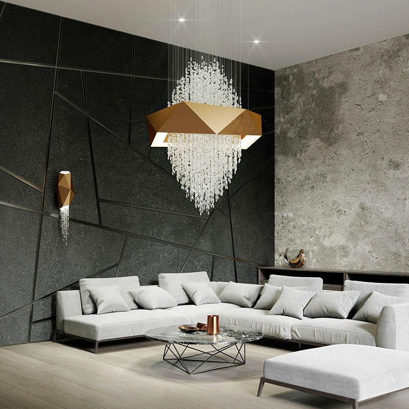 Duplex Living Room Crystal Pendant Chandelier Luxury Hotel Entryway Ceiling Light Fixture In Gold Finish - briglamps