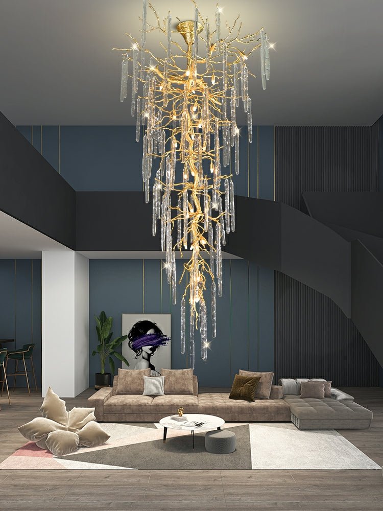 Extra Large Brass Tree Branch LED Chandelier Crystal Bar Drops Ceiling Light Fixture For Foyer Living Room Hall - briglamps
