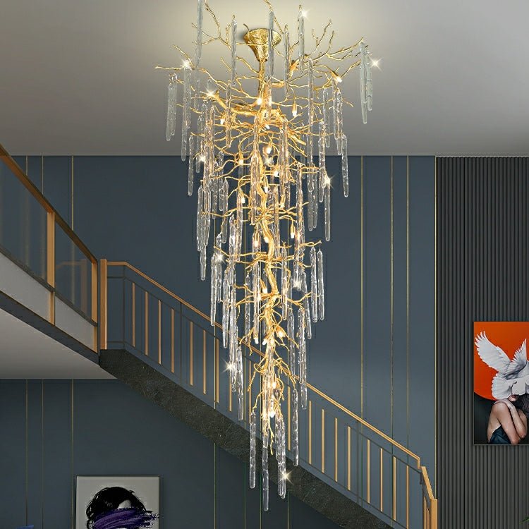 Extra Large Brass Tree Branch LED Chandelier Crystal Bar Drops Ceiling Light Fixture For Foyer Living Room Hall - briglamps
