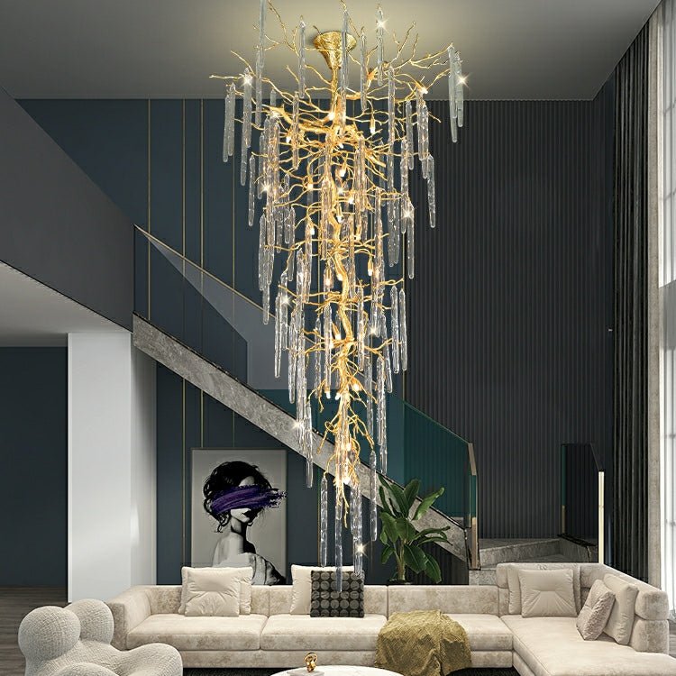 Extra Large Brass Tree Branch LED Chandelier Crystal Bar Drops Ceiling Light Fixture For Foyer Living Room Hall - briglamps