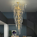Extra Large Brass Tree Branch LED Chandelier Crystal Bar Drops Ceiling Light Fixture For Foyer Living Room Hall - briglamps