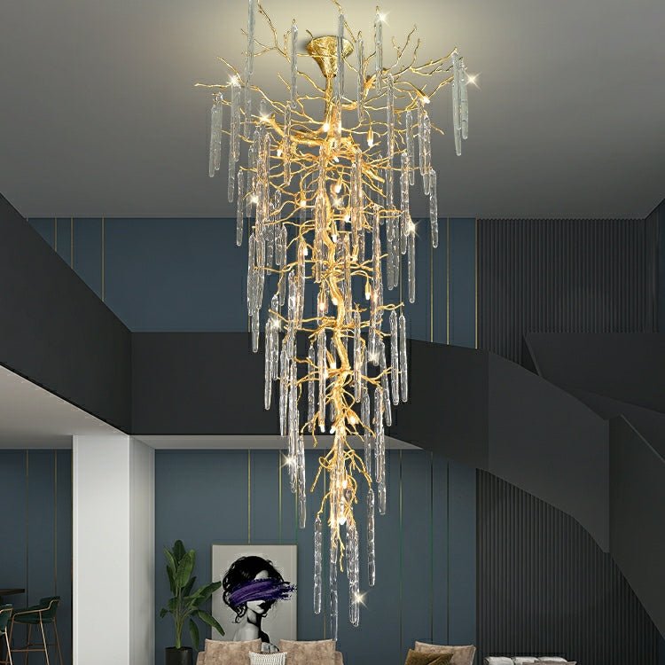 Extra Large Brass Tree Branch LED Chandelier Crystal Bar Drops Ceiling Light Fixture For Foyer Living Room Hall - briglamps