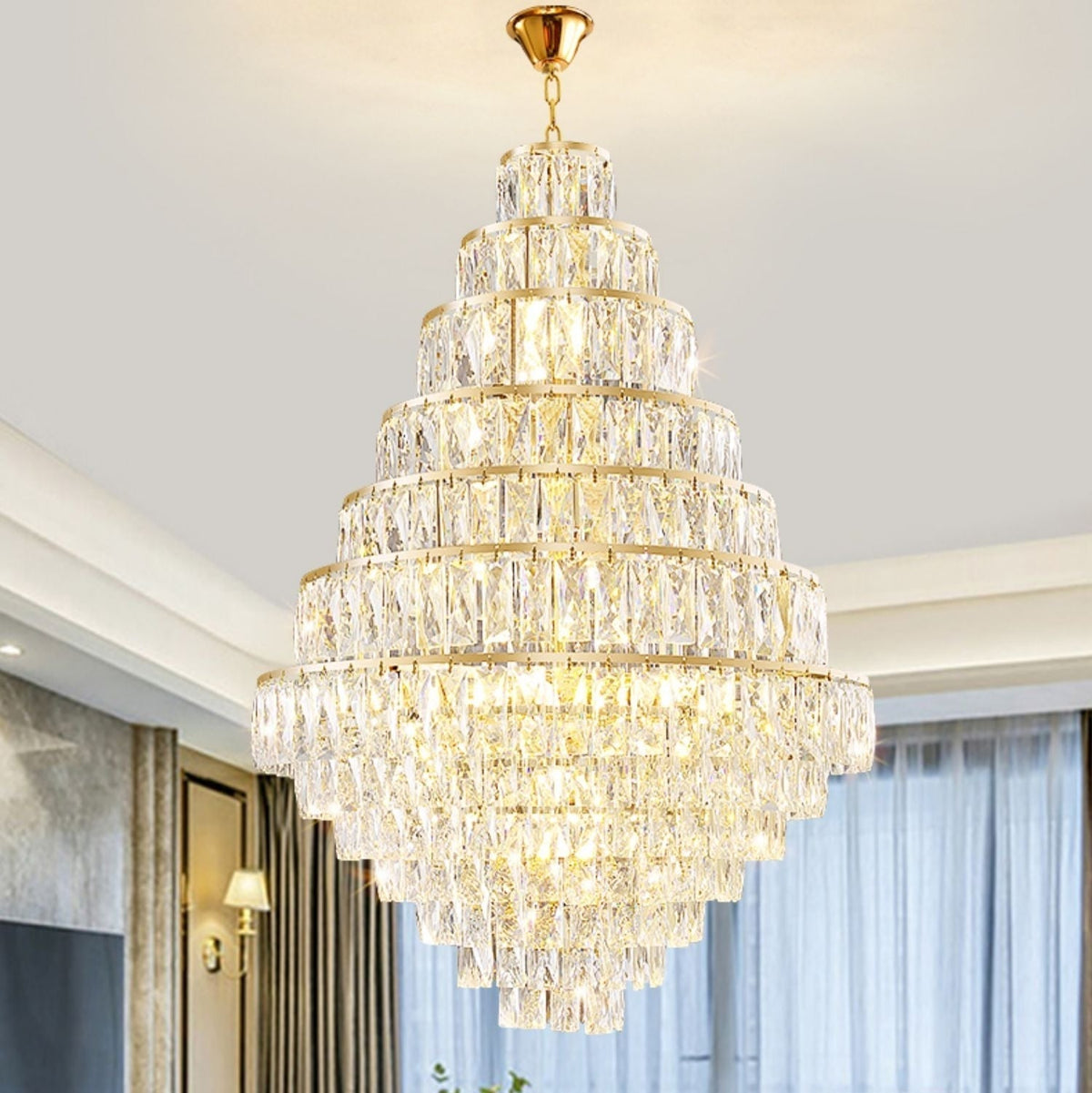 Extra Large Decorative Crystal Chandelier Foyer Hall Ceiling Light Fixture For Staircase In Gold/ Chrome - briglamps