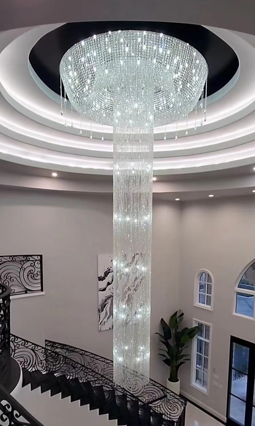 Extra Large Flush Mount Silver Waterfall Luxury Ceiling Crystal Chandelier for High - ceiling Living Room/Duplex Hall - briglamps