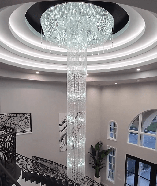 Extra Large Flush Mount Silver Waterfall Luxury Ceiling Crystal Chandelier for High - ceiling Living Room/Duplex Hall - briglamps