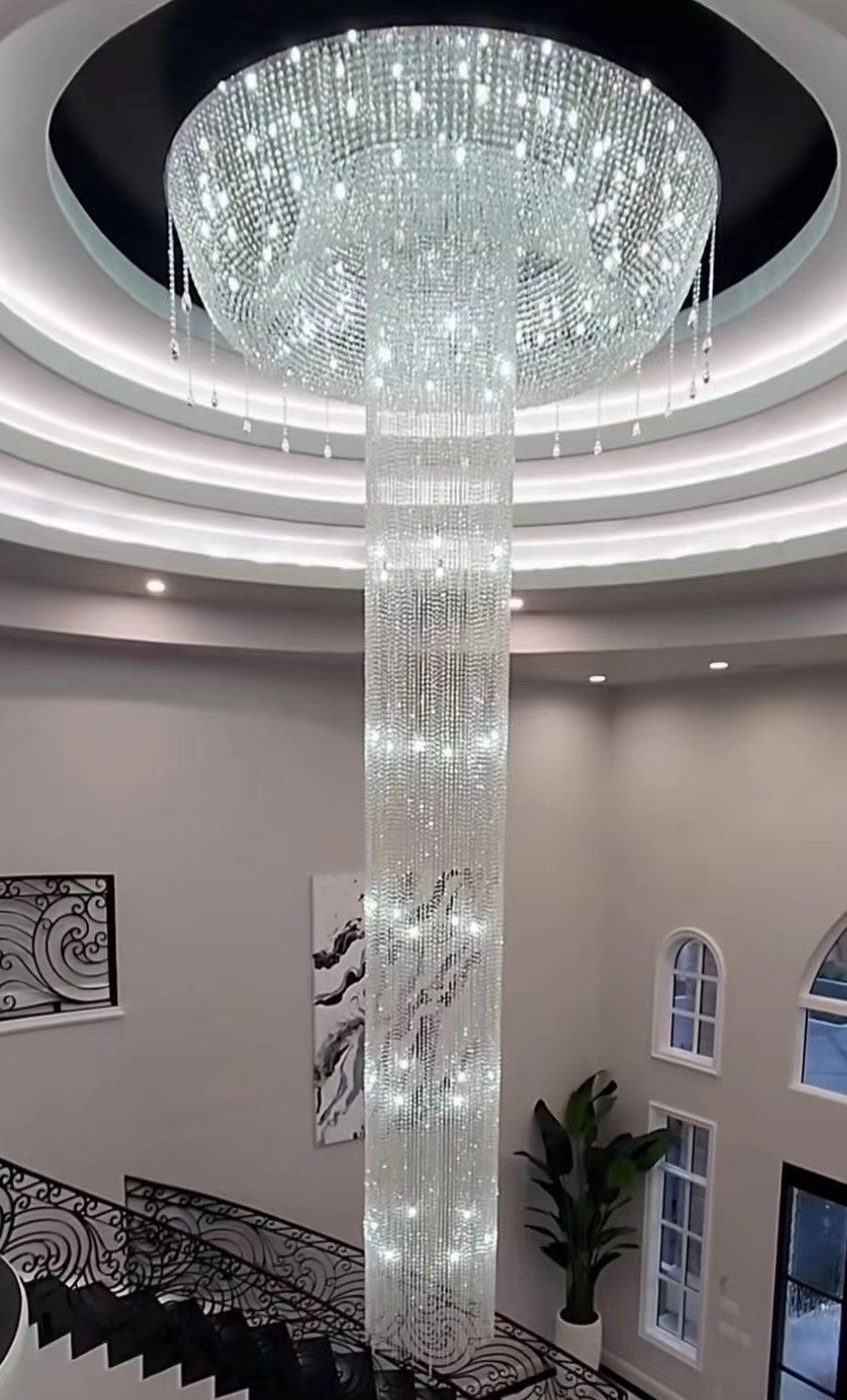 Extra Large Flush Mount Silver Waterfall Luxury Ceiling Crystal Chandelier for High - ceiling Living Room/Duplex Hall - briglamps